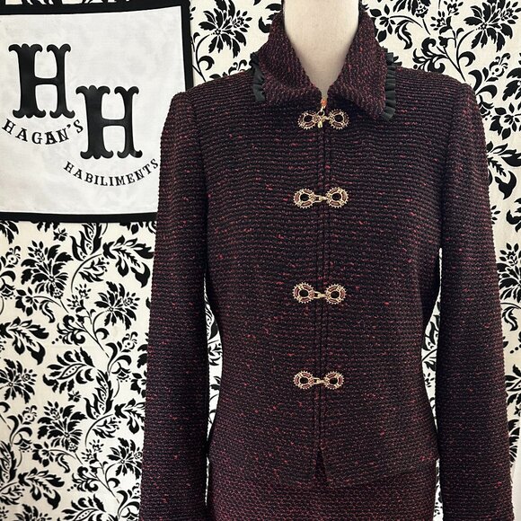 St. John Dresses & Skirts - St John Magenta Tweed Leather Trim 2 Piece Suit with Skirt Size 0